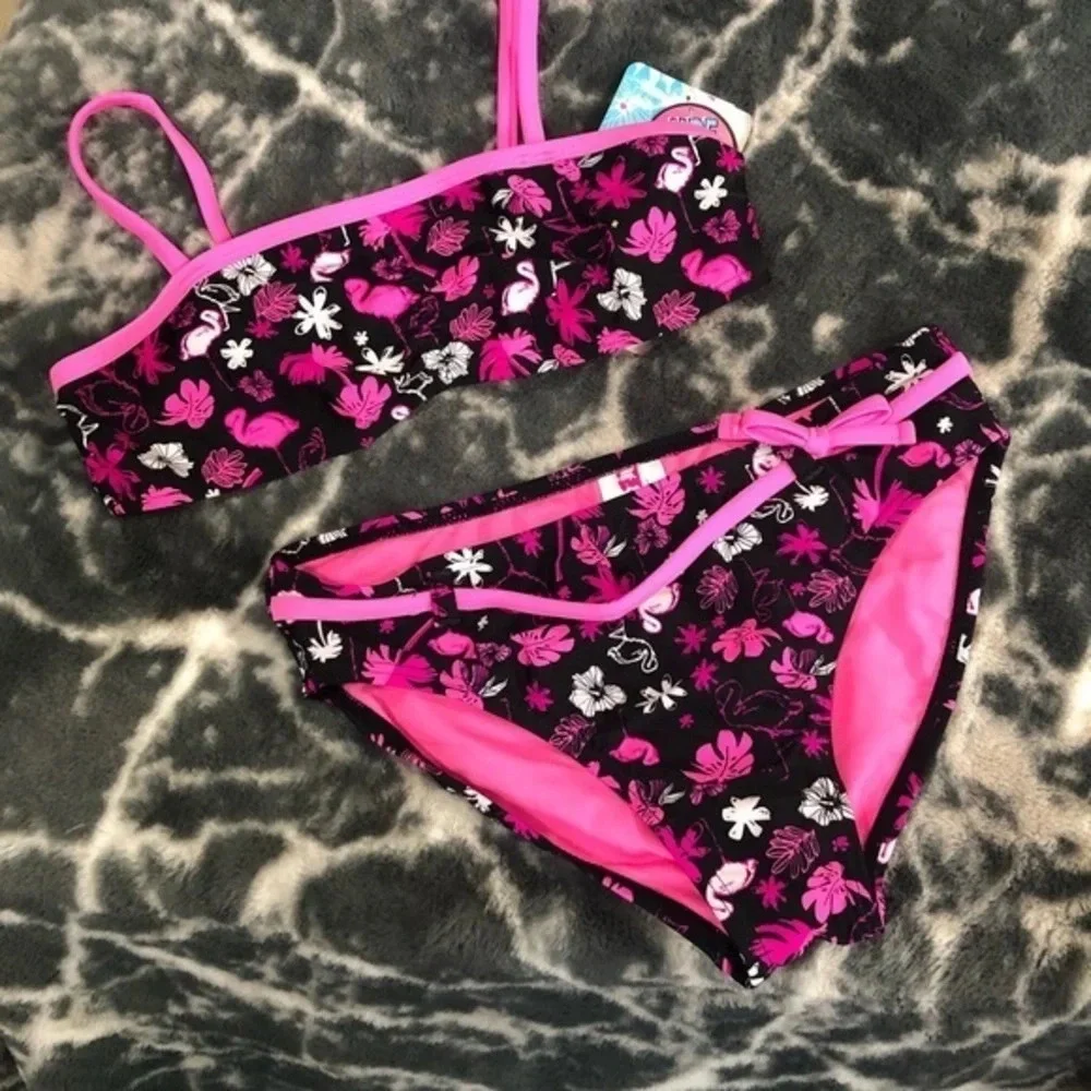 NWT girls Bright tropical print bikini breaking waves